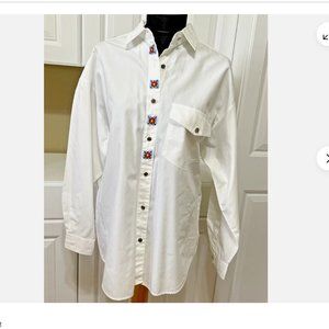 Barbara Blue White Long Sleeve Women Button Up Collared Shirt L Beaded Front